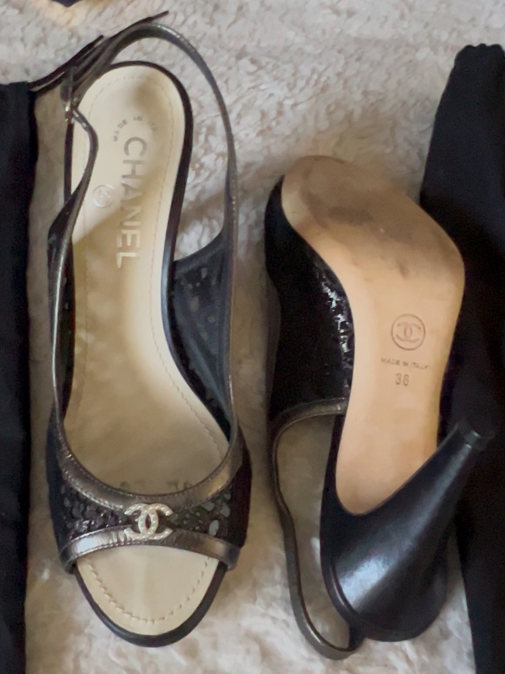 Vintage CHANEL Black Lace Crystal CC Coco Mark Slingback Heels Pumps EU 38